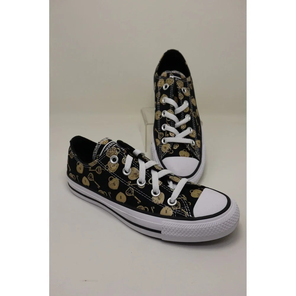 Converse Chuck Taylor All Star Low Womens 6 Black Gold Locks Keys Print NWOB